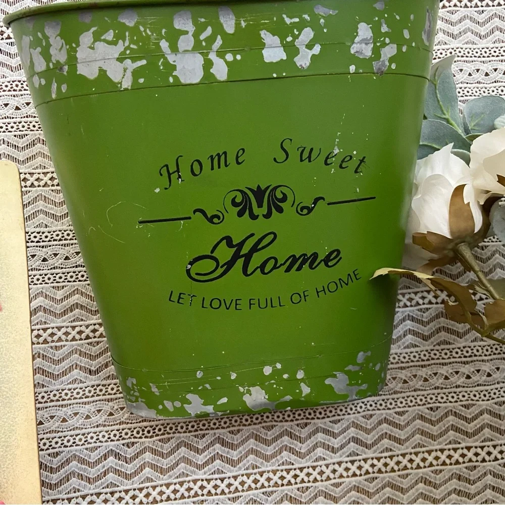 Vintage Chippy Metal Floral Container with Handle